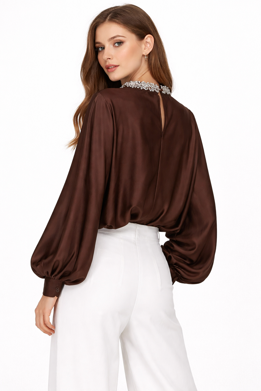 embellished high-neck satin blouse with balloon sleeves – SERENA