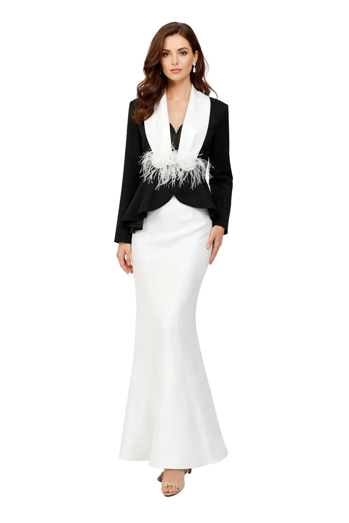 Black Tailored Maxi Dress with Feather-Trimmed Red Satin Stole – SCARLET