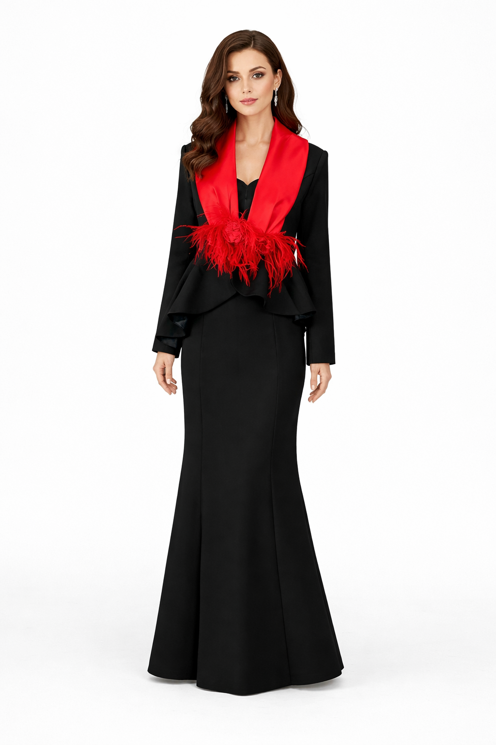 Black Tailored Maxi Dress with Feather-Trimmed Red Satin Stole – SCARLET