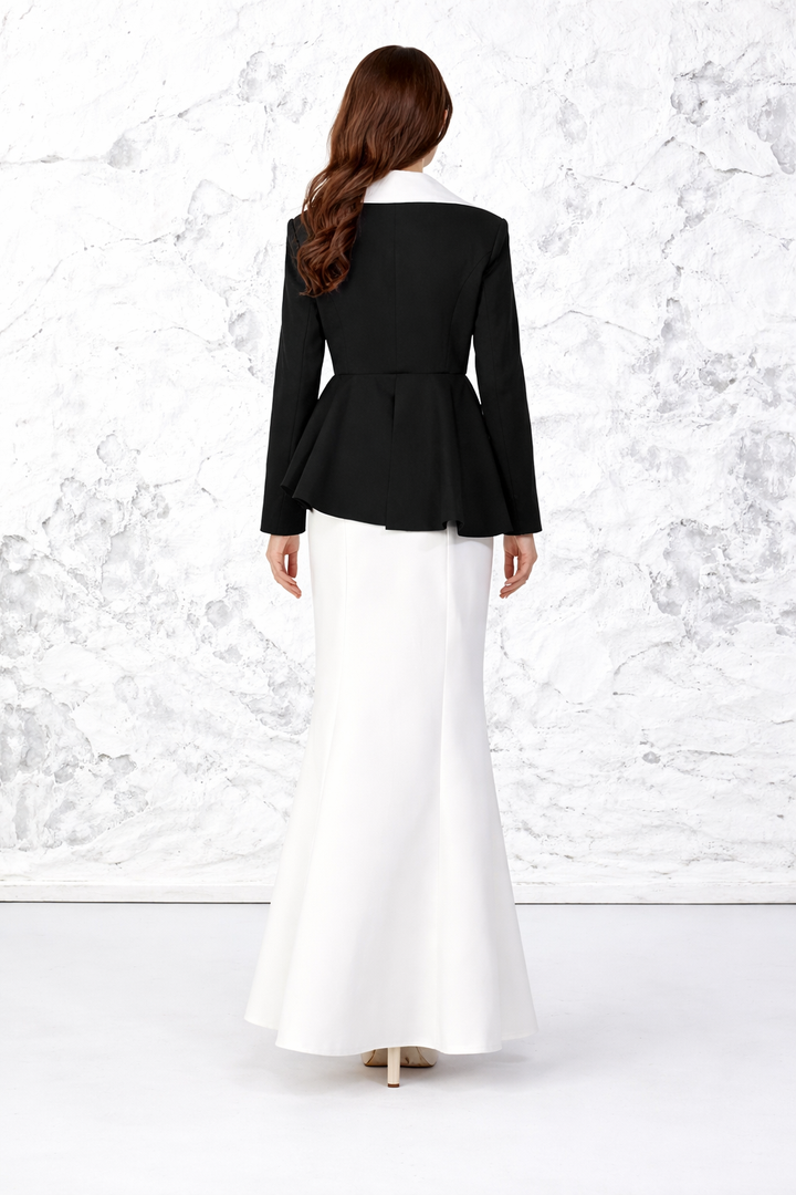 Black Tailored Maxi Dress with Feather-Trimmed Red Satin Stole – SCARLET