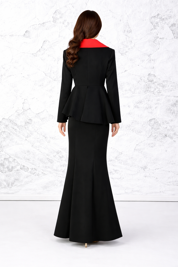 Black Tailored Maxi Dress with Feather-Trimmed Red Satin Stole – SCARLET