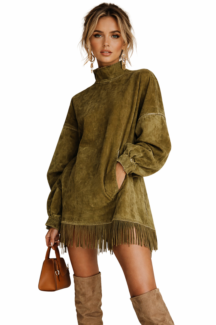 High-Neck Suede Fringe Mini Dress – OLIVEA