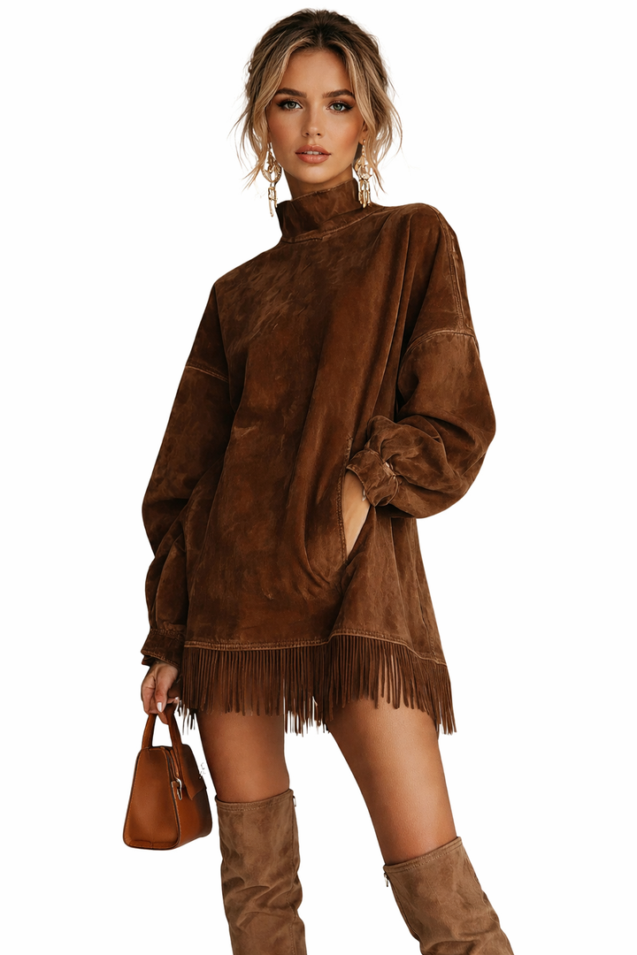 High-Neck Suede Fringe Mini Dress – OLIVEA
