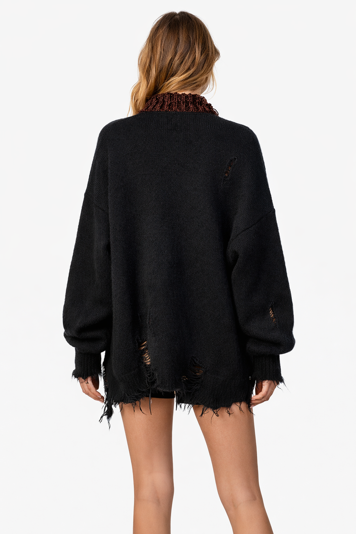 Oversized Distressed Knit Cardigan with Faux Fur Trim – HAVEN