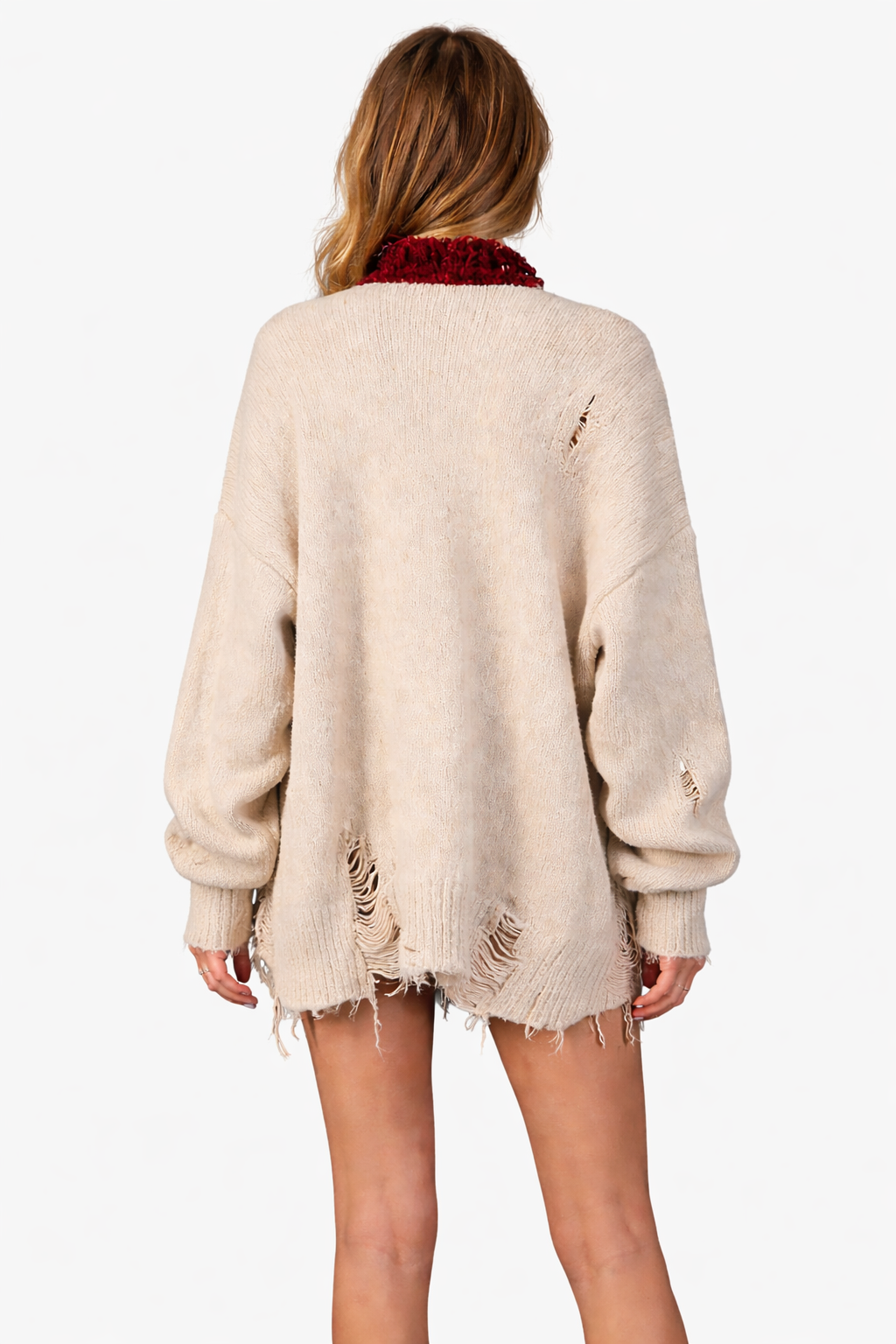 Oversized Distressed Knit Cardigan with Faux Fur Trim – HAVEN
