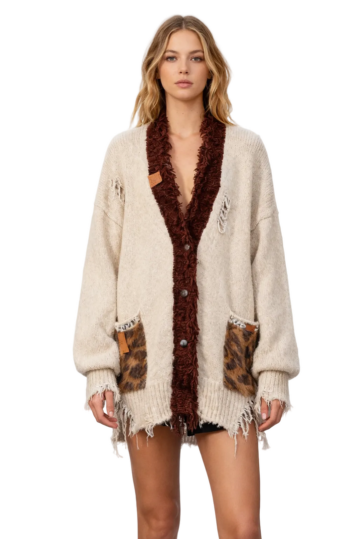 Oversized Distressed Knit Cardigan with Faux Fur Trim – HAVEN