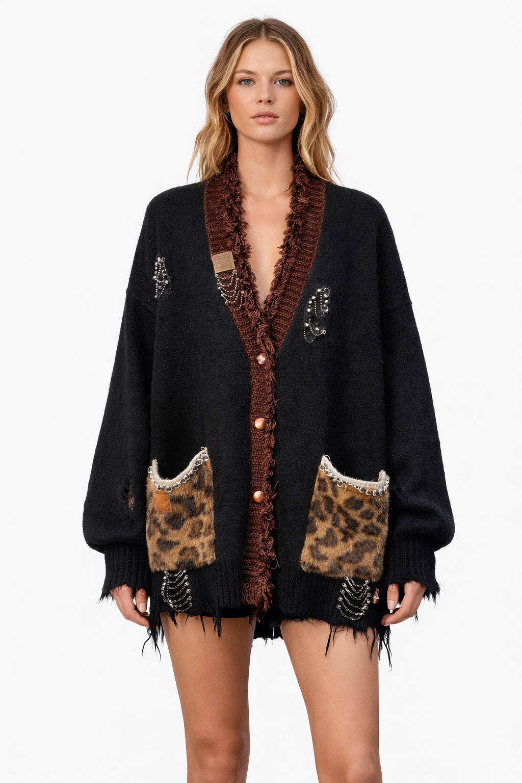 Oversized Distressed Knit Cardigan with Faux Fur Trim – HAVEN