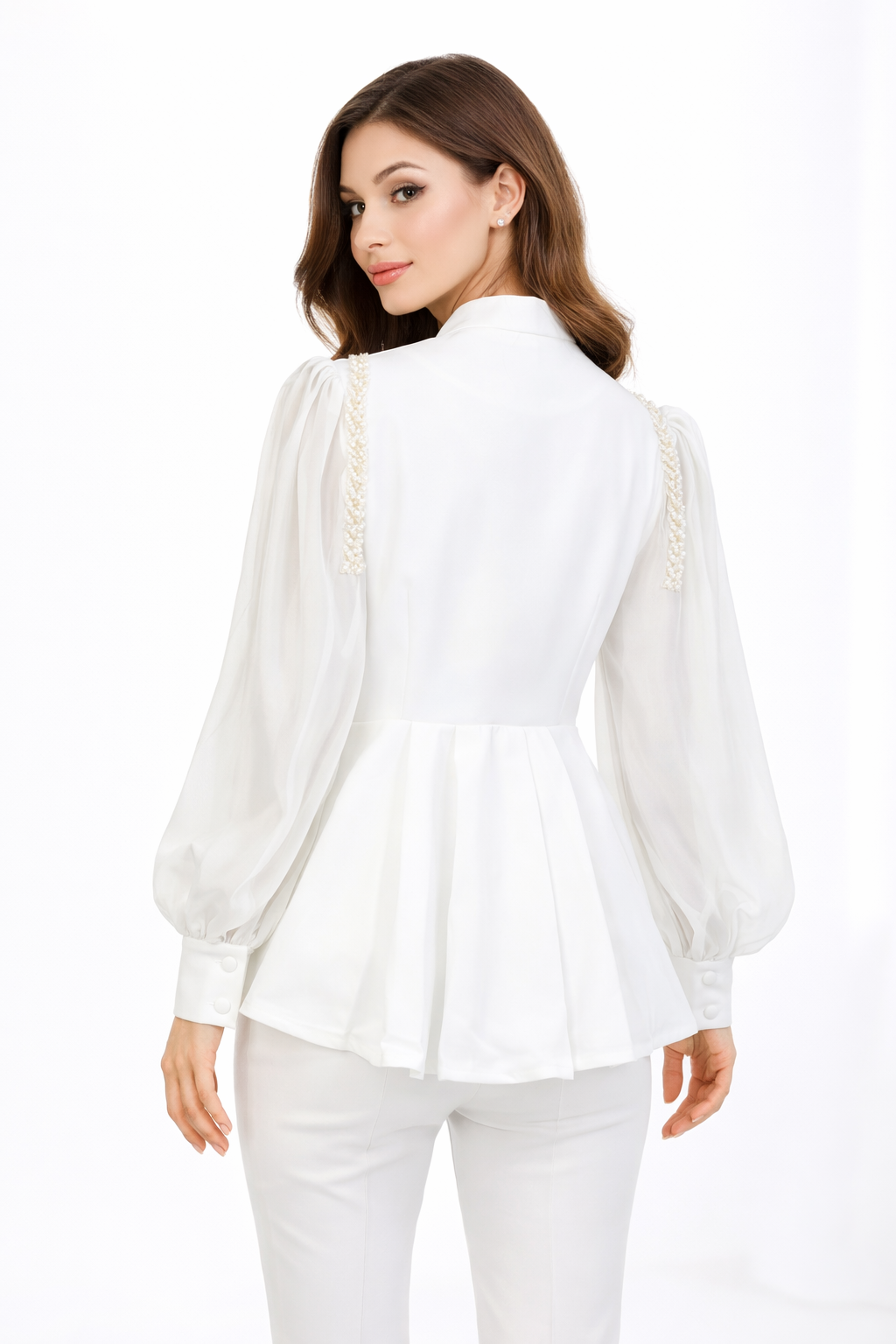 V-neck peplum blouse with sheer sleeves and gold embroidery – AURORA