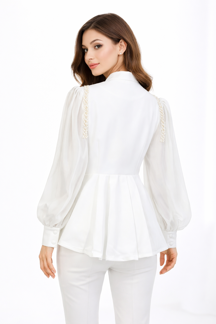 V-neck peplum blouse with sheer sleeves and gold embroidery – AURORA