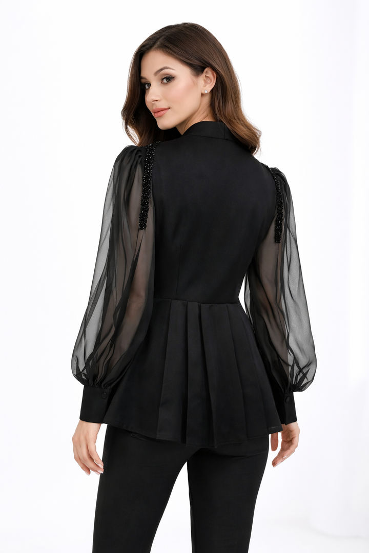 V-neck peplum blouse with sheer sleeves and gold embroidery – AURORA