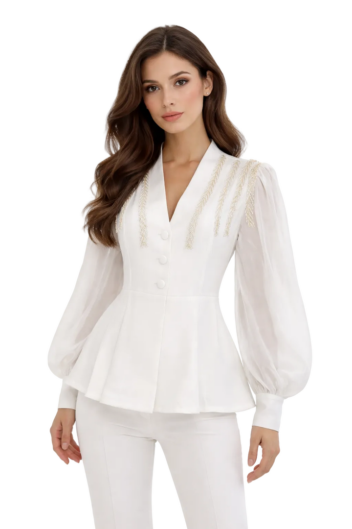 V-neck peplum blouse with sheer sleeves and gold embroidery – AURORA
