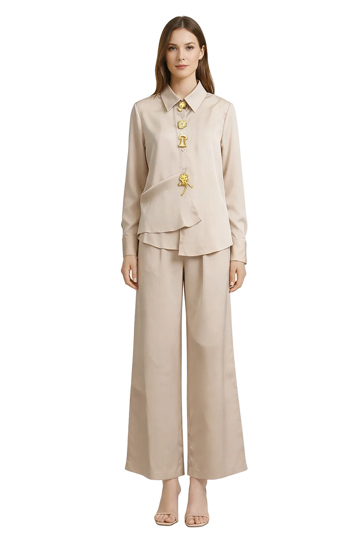 Silk-Feel Asymmetric Button Shirt & Wide-Leg Pants Set – ELYSIA