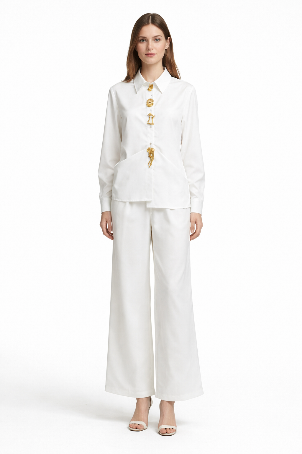 Silk-Feel Asymmetric Button Shirt & Wide-Leg Pants Set – ELYSIA