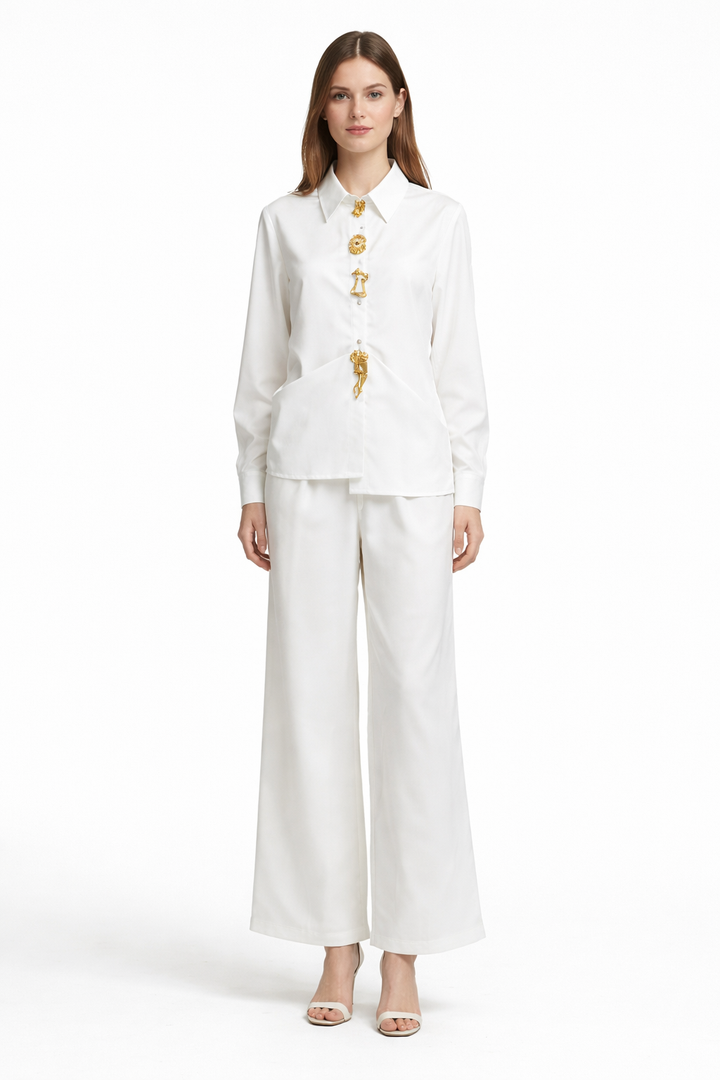 Silk-Feel Asymmetric Button Shirt & Wide-Leg Pants Set – ELYSIA