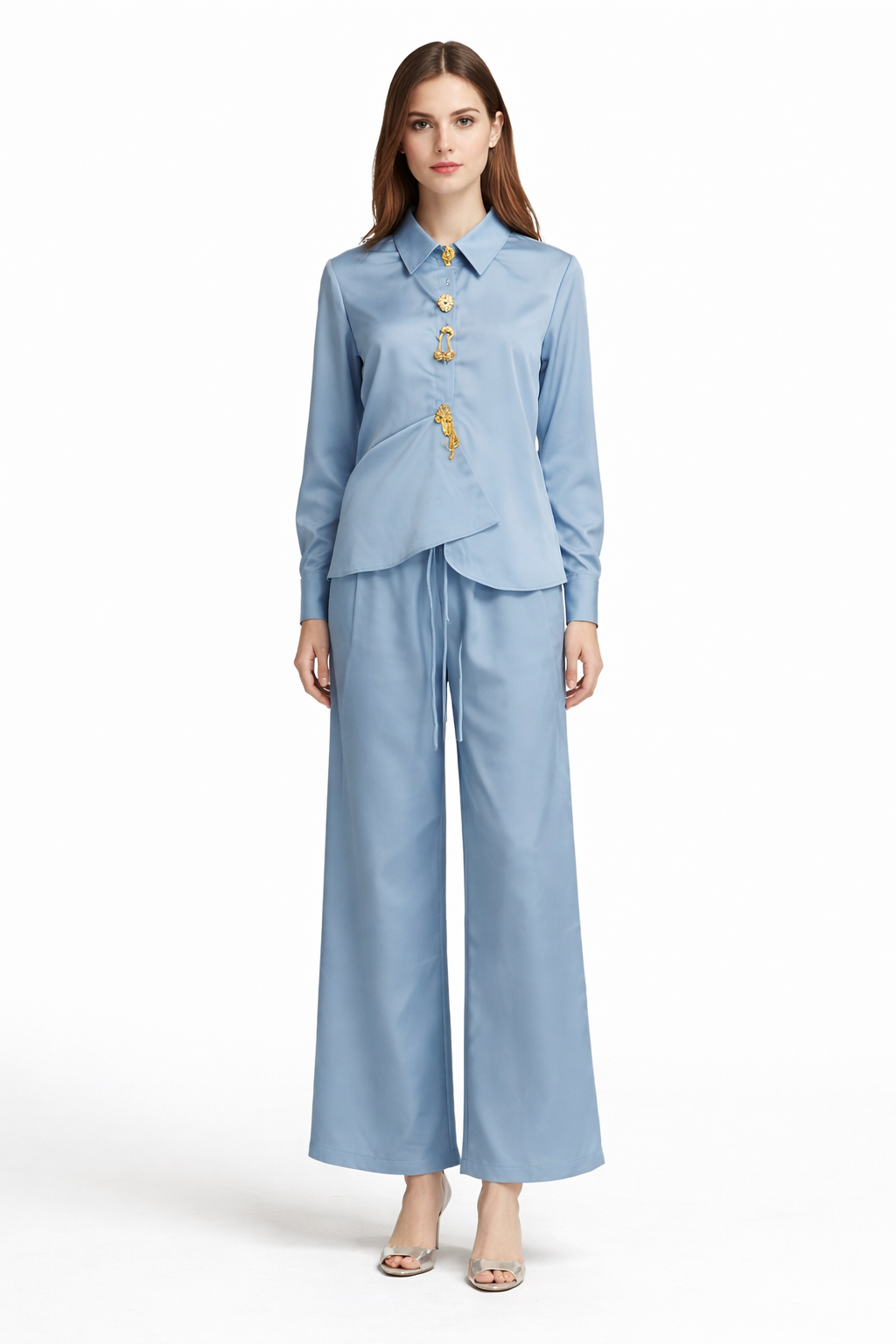 Silk-Feel Asymmetric Button Shirt & Wide-Leg Pants Set – ELYSIA