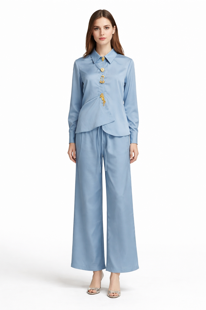 Silk-Feel Asymmetric Button Shirt & Wide-Leg Pants Set – ELYSIA