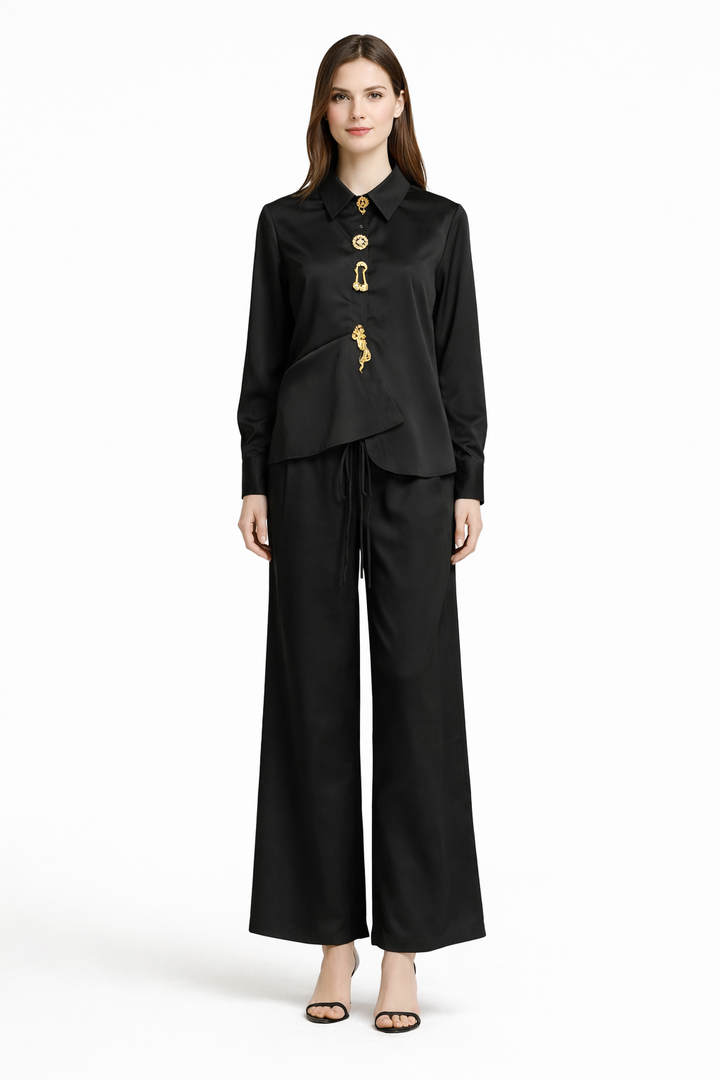 Silk-Feel Asymmetric Button Shirt & Wide-Leg Pants Set – ELYSIA