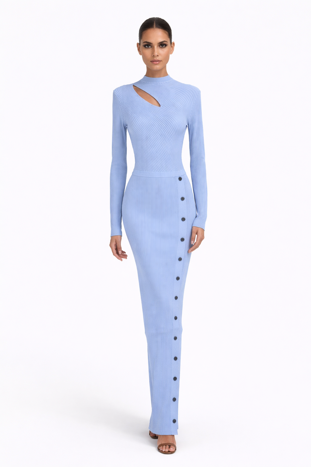 ribbed long-sleeve maxi dress with asymmetric cut-out – SKYLINE