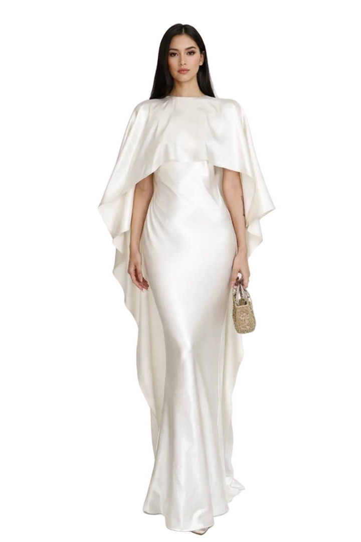 satin column gown with flowing cape overlay – AURORA