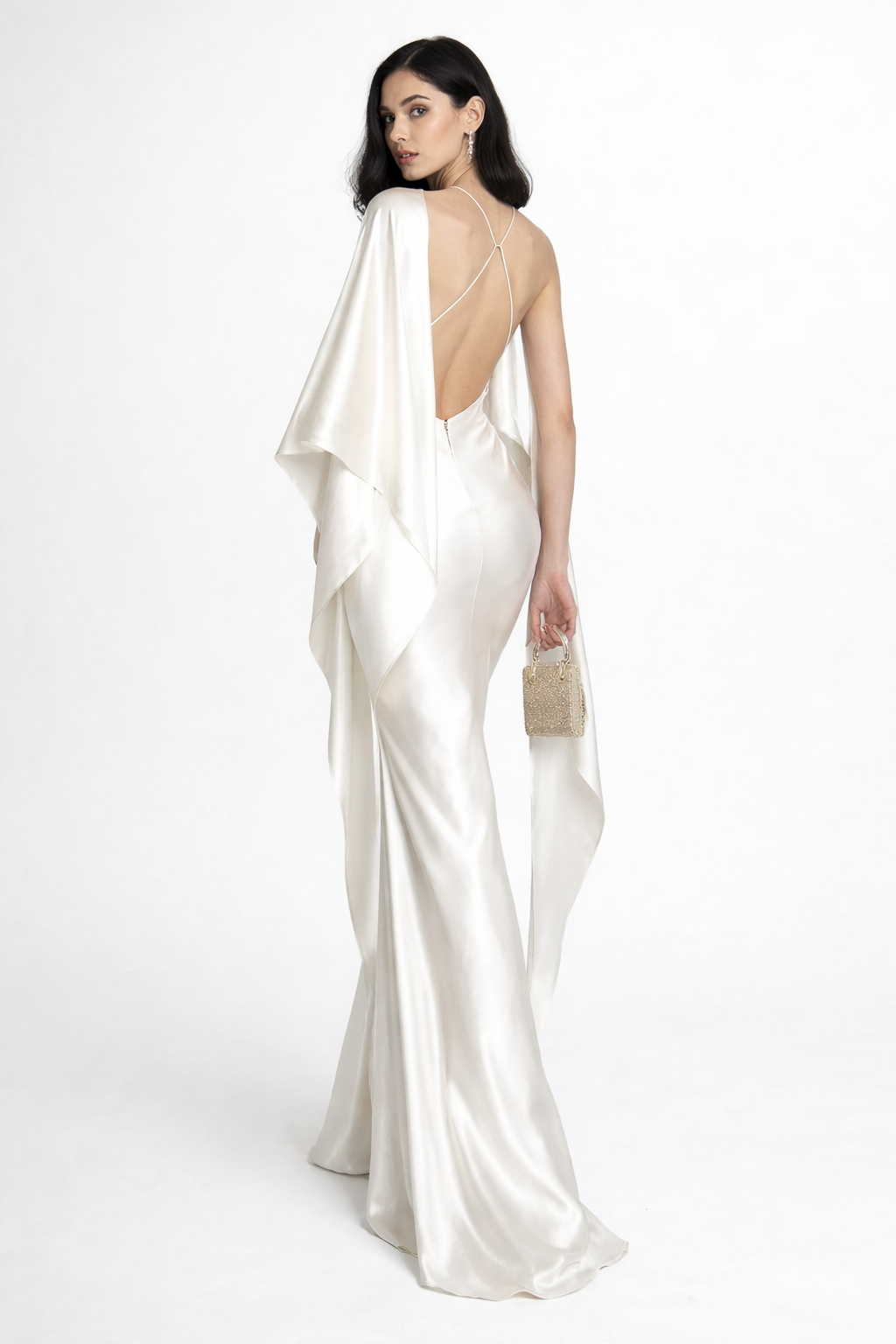 satin column gown with flowing cape overlay – AURORA