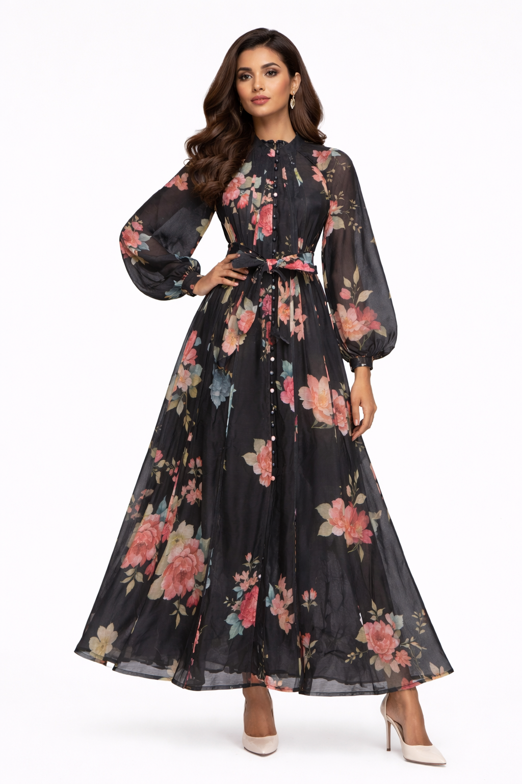 long-sleeve floral chiffon maxi dress with waist tie – ROSALIE