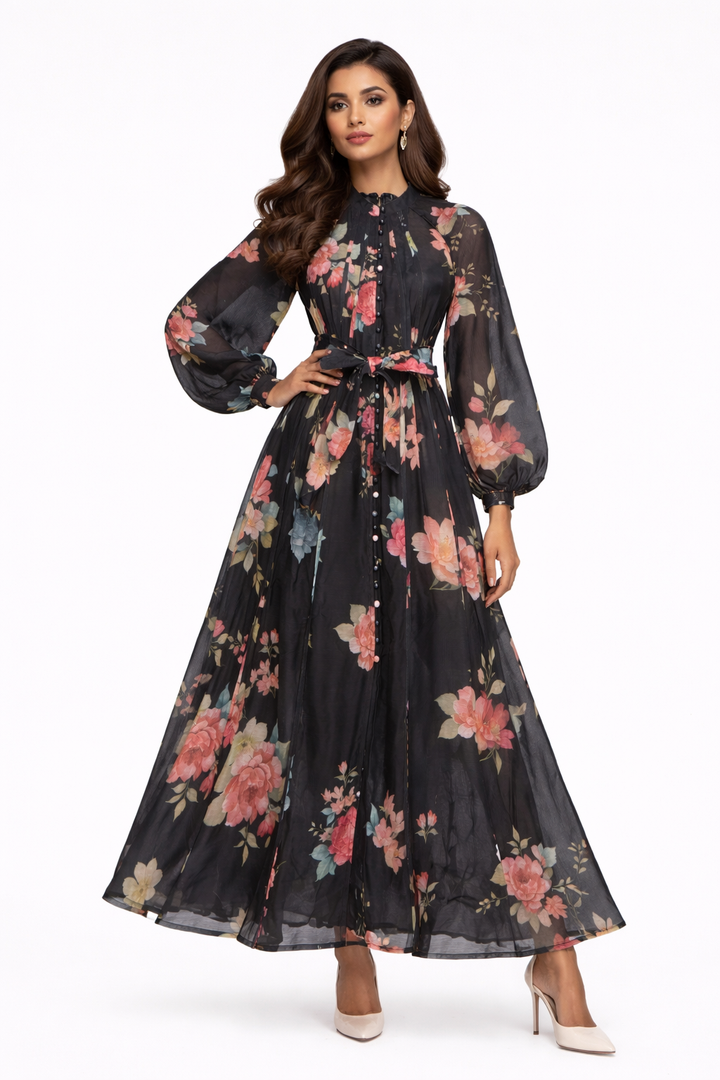 long-sleeve floral chiffon maxi dress with waist tie – ROSALIE