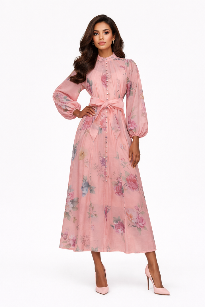 long-sleeve floral chiffon maxi dress with waist tie – ROSALIE