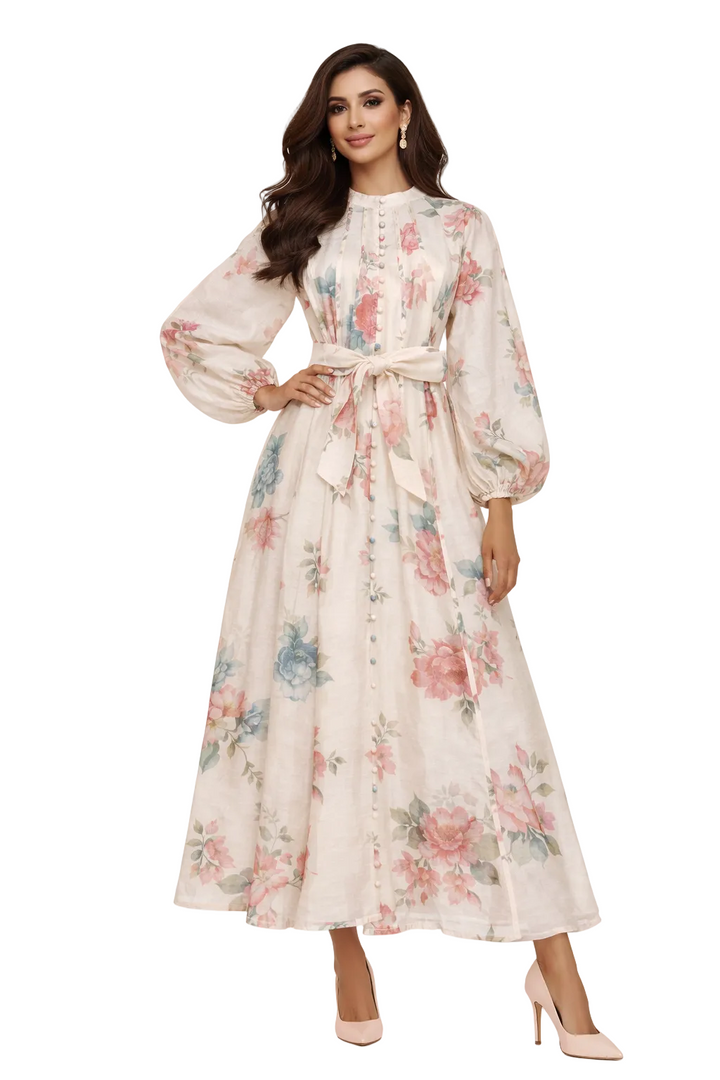 long-sleeve floral chiffon maxi dress with waist tie – ROSALIE