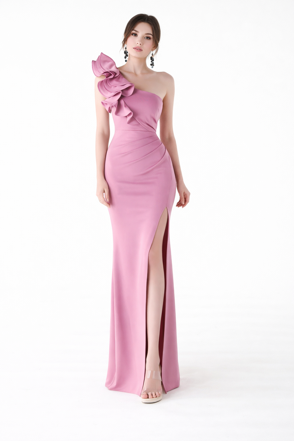 one-shoulder mermaid gown with sculpted ruffle detail – EMERALD