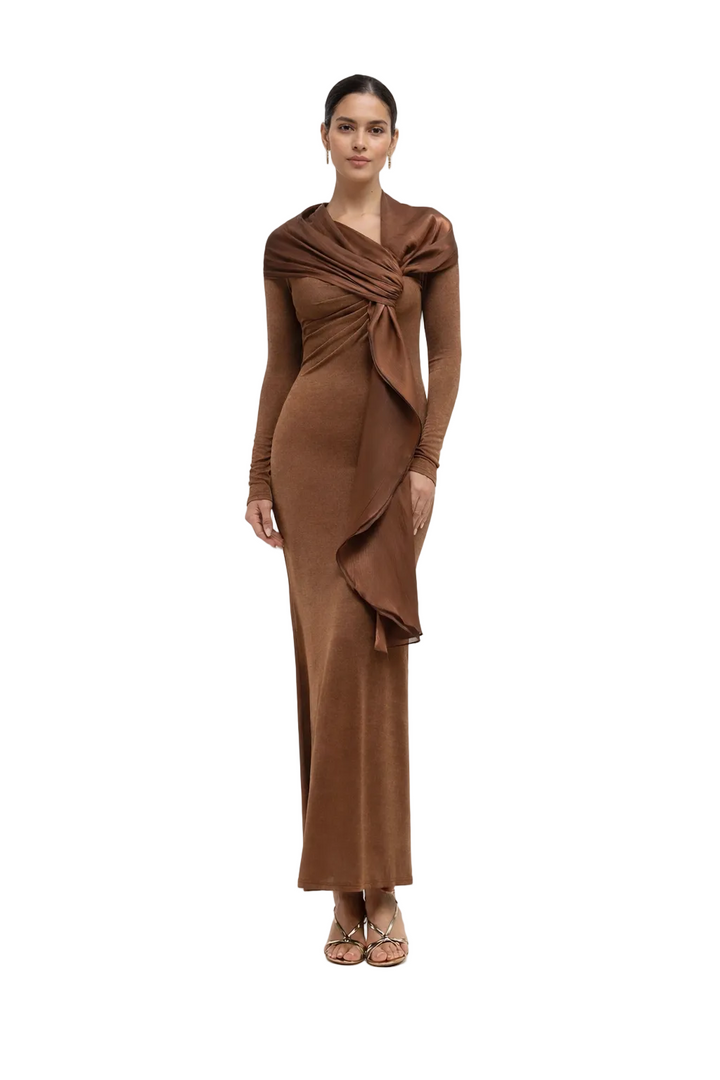 long-sleeve column dress with draped satin overlay – MOCHA