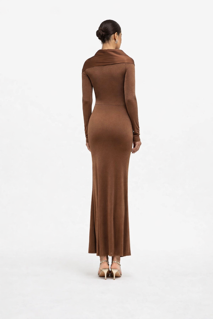 long-sleeve column dress with draped satin overlay – MOCHA