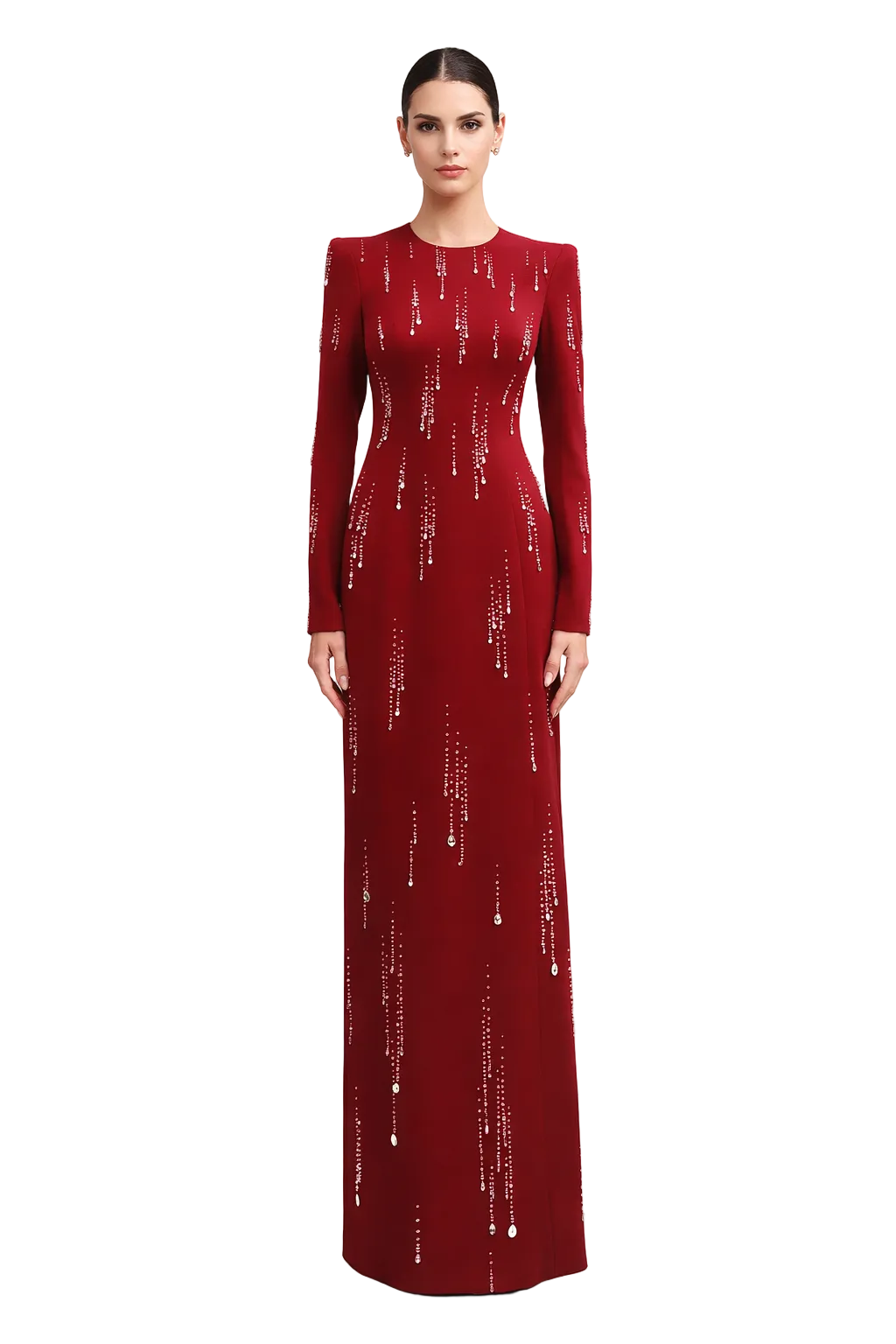 Long-Sleeve Embellished Column Evening Dress – CRIMSON –