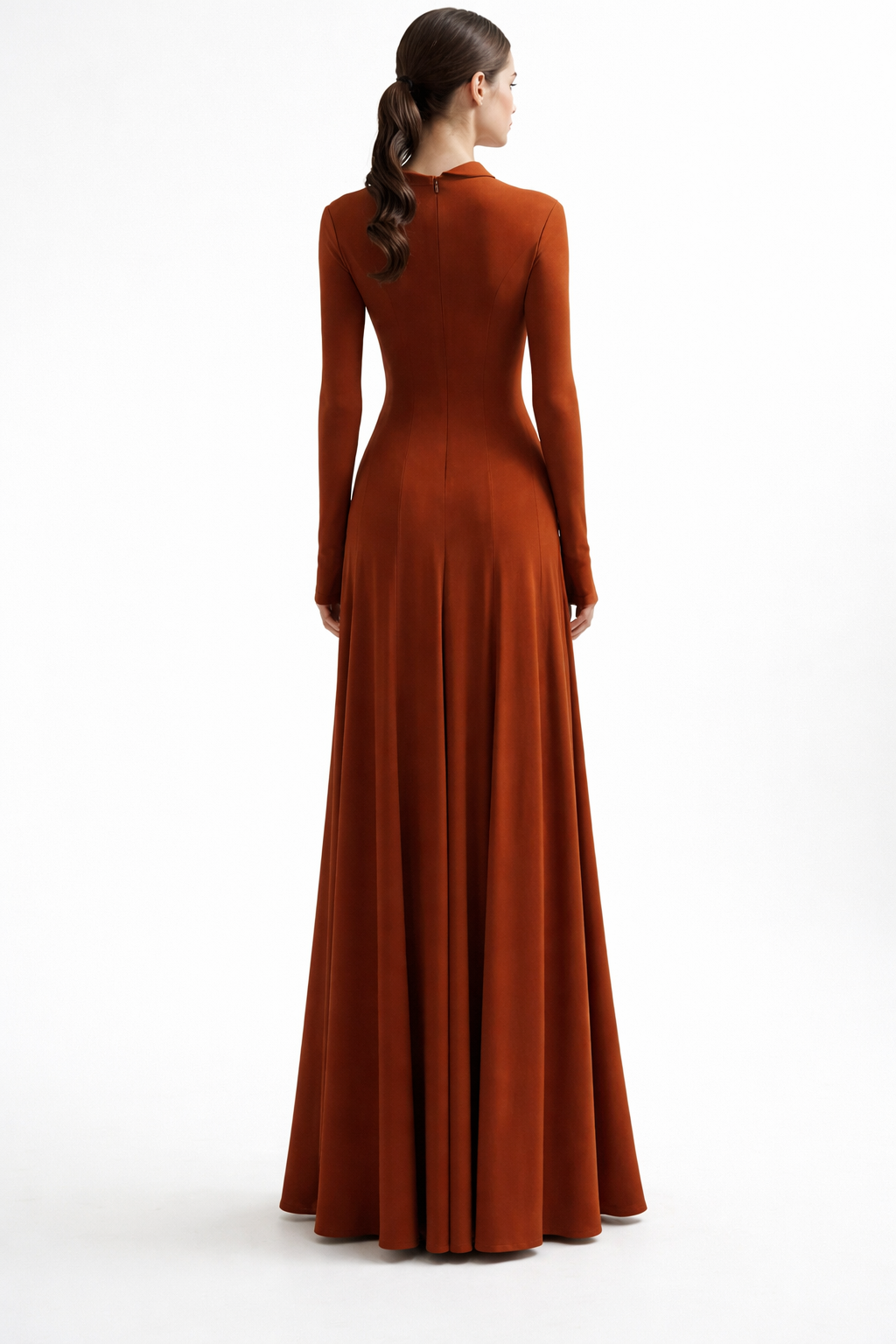 high-neck long-sleeve maxi dress with flowing skirt – TERRA –