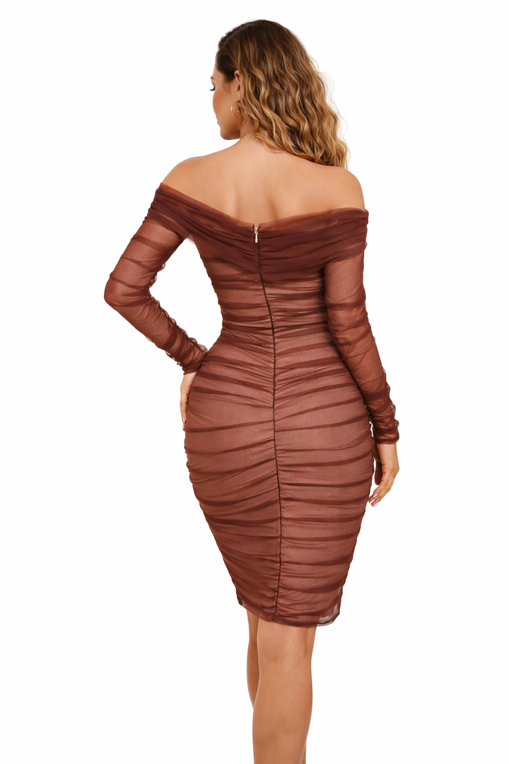 off-shoulder ruched mesh midi dress – COCOA