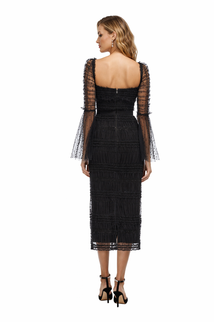 Sheer Lace Midi Dress with Square Neckline – KOKO