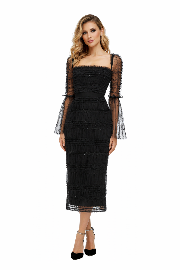 Sheer Lace Midi Dress with Square Neckline – KOKO