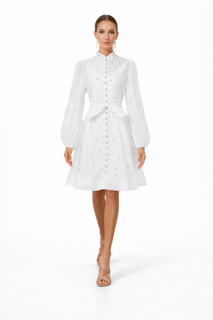 long-sleeve chiffon shirt dress with waist tie – AURORA