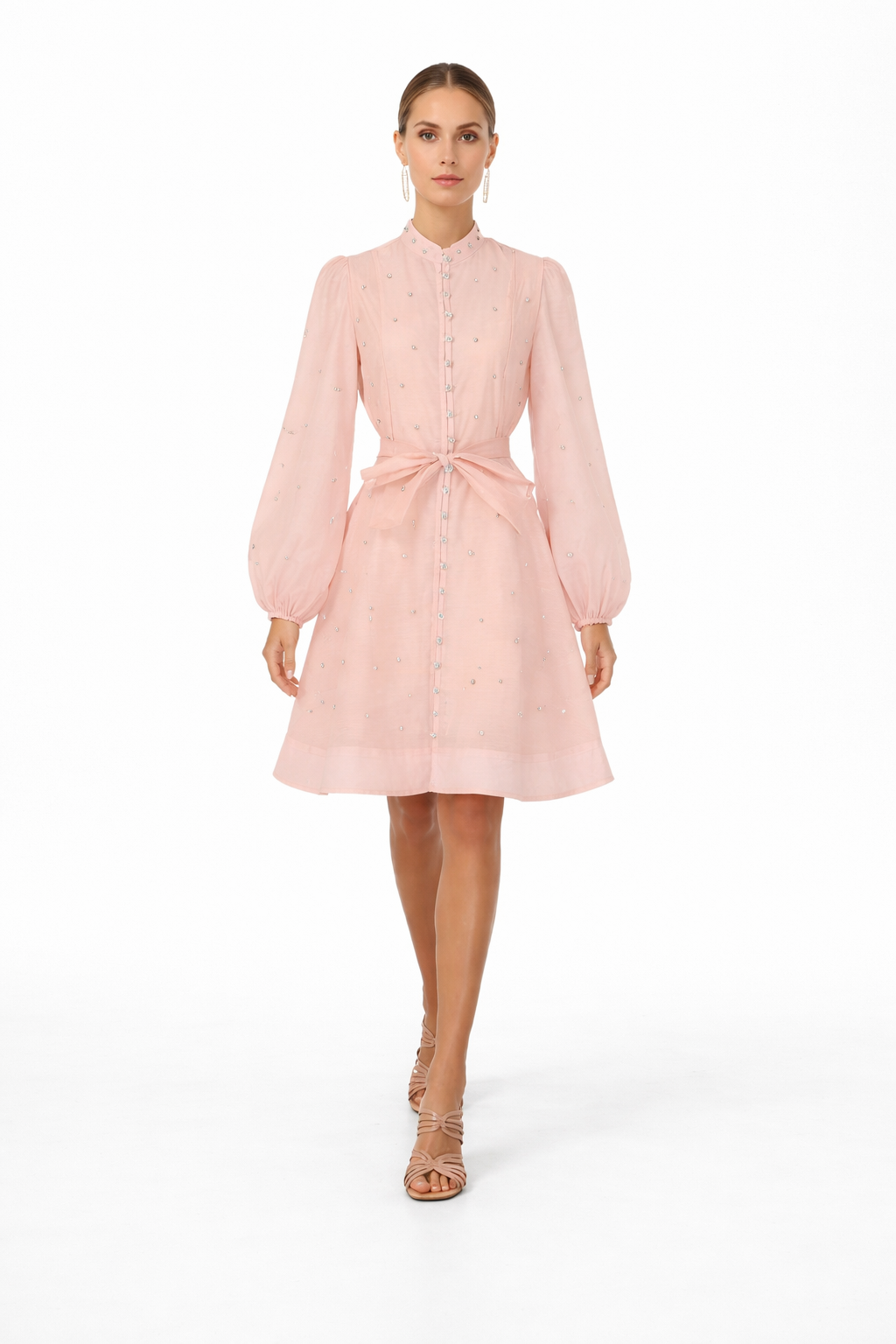 long-sleeve chiffon shirt dress with waist tie – AURORA –