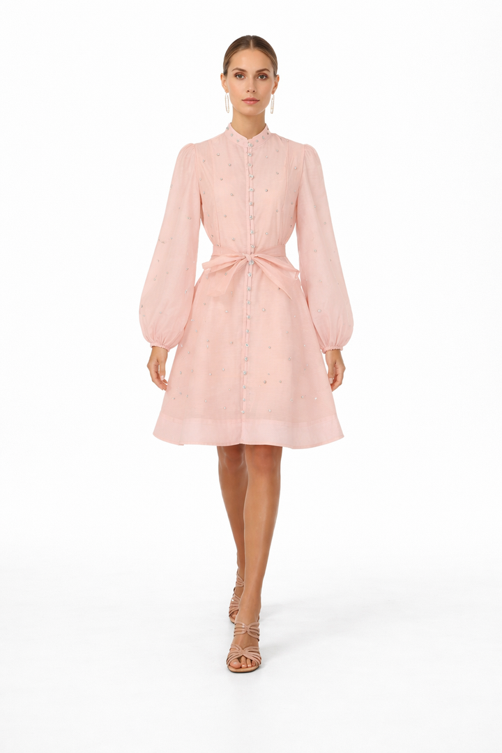 long-sleeve chiffon shirt dress with waist tie – AURORA