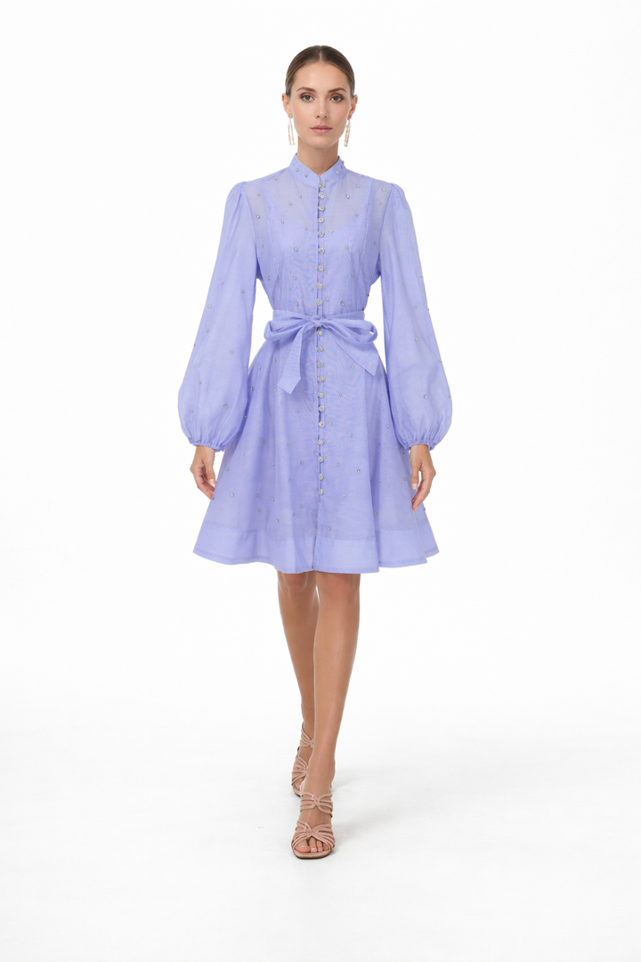 long-sleeve chiffon shirt dress with waist tie – AURORA –