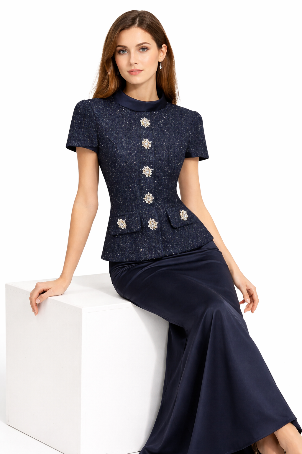 structured tweed peplum top with crystal buttons & satin maxi skirt – NOCTURNE