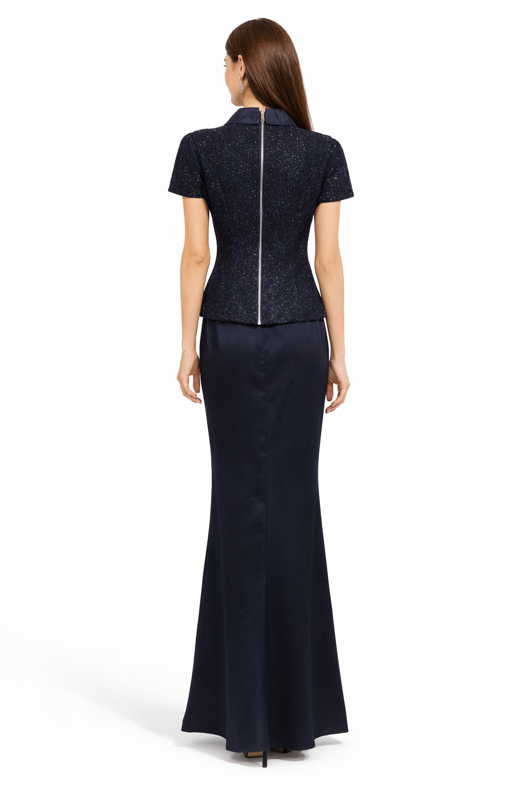 structured tweed peplum top with crystal buttons & satin maxi skirt – NOCTURNE