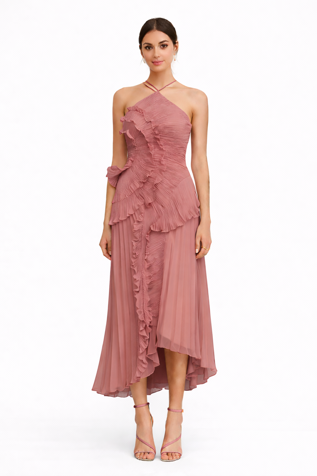 halter-neck pleated chiffon dress with cascading ruffles – BREEZE