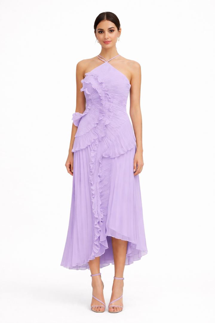 halter-neck pleated chiffon dress with cascading ruffles – BREEZE