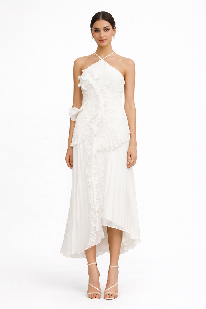halter-neck pleated chiffon dress with cascading ruffles – BREEZE