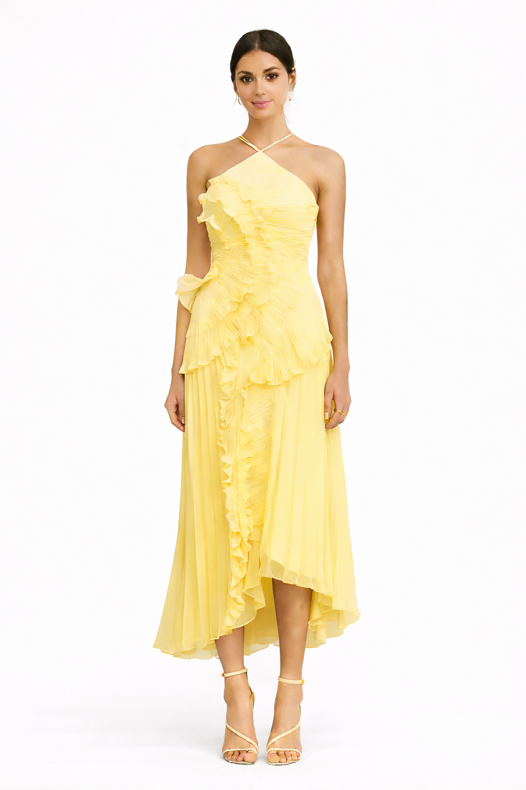halter-neck pleated chiffon dress with cascading ruffles – BREEZE