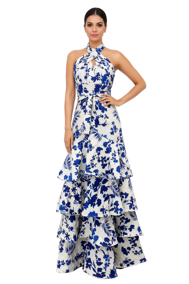 halter neck tiered ruffle maxi dress – AZURE