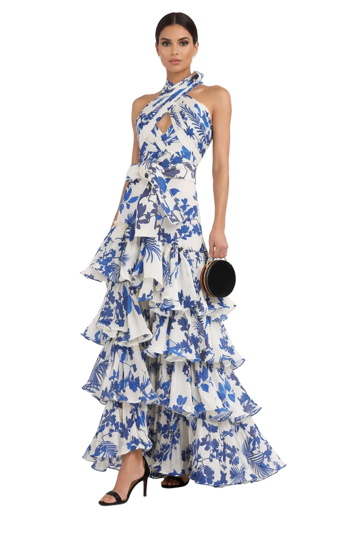 halter neck tiered ruffle maxi dress – AZURE