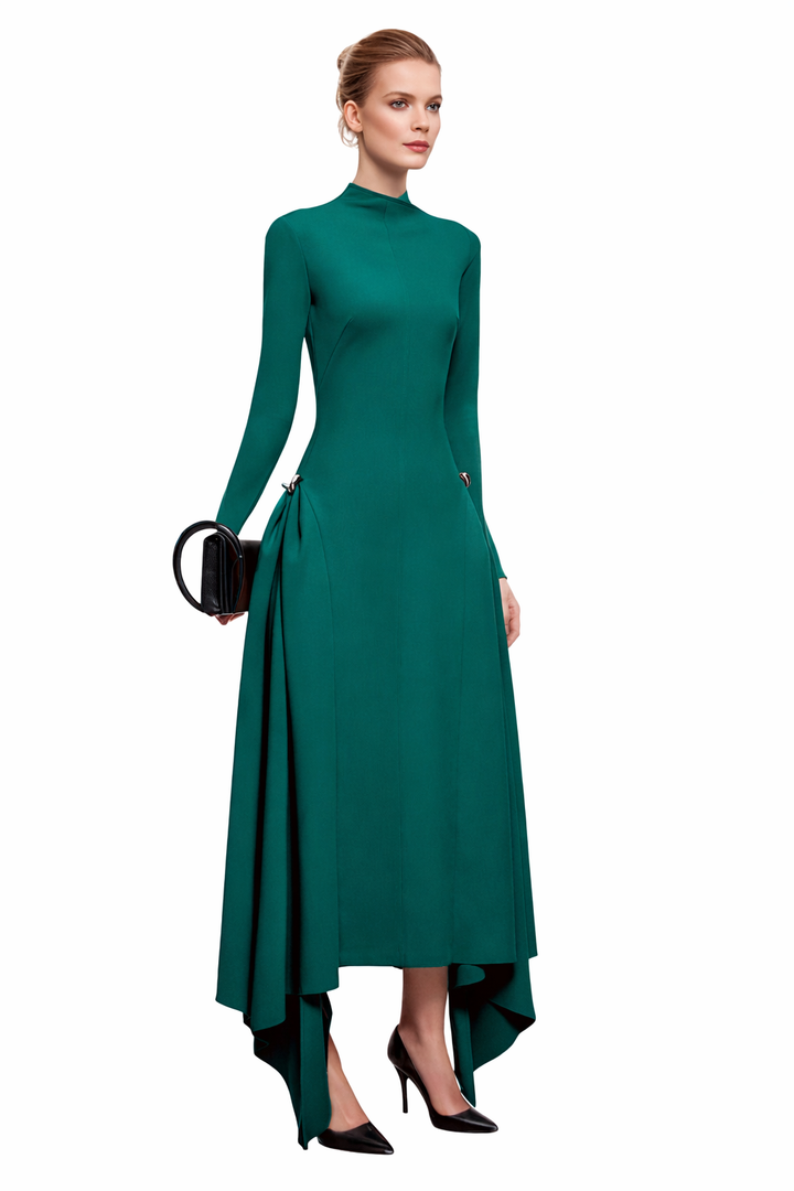 High-neck long-sleeve asymmetric midi dress – EMERALD