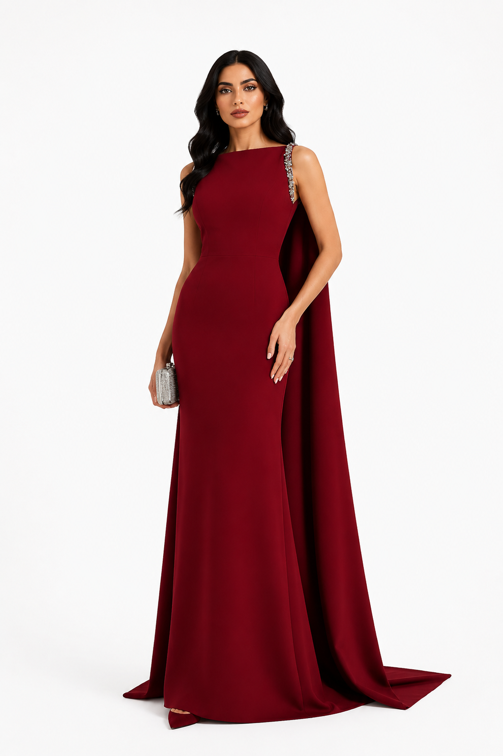 Crystal Strap Cape Maxi Dress - Garnet
